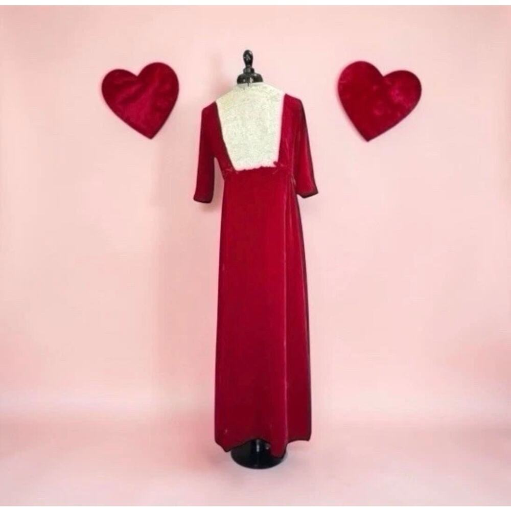 Vintage 1960s Red Velvet Lace Bib Maxi Dress XS S Romantic Holiday Gown